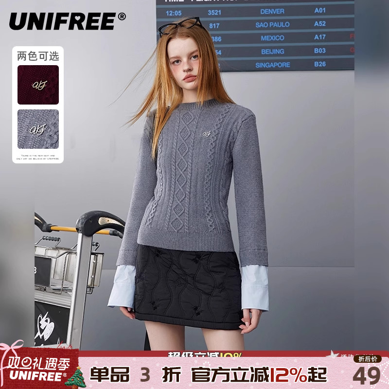 UNIFREE套头假两件毛针织衫