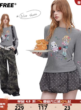 【插画师联名】UNIFREE灰色长袖T恤25年秋款可爱印花短款洋气上衣
