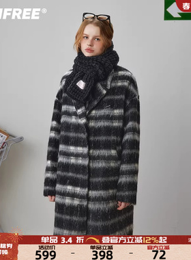 UNIFREE黑色撞色长毛呢大衣复古宽松美式学院风复古百搭长款外套