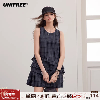 UNIFREE藏蓝色格纹连衣裙女日系少女不规则木耳荷叶花边拼接短裙