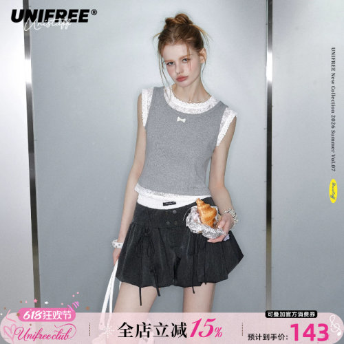 UNIFREE假两件miu系背心女灰色无袖蕾丝拼接短款撞色夏季新款上衣