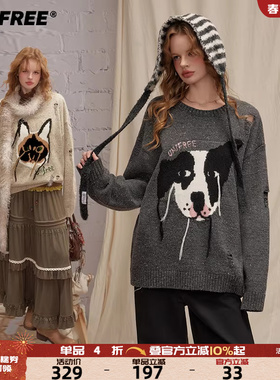 UNIFREE灰色动物提花圆领毛衣宽松破洞设计感厚实保暖针织衫上衣