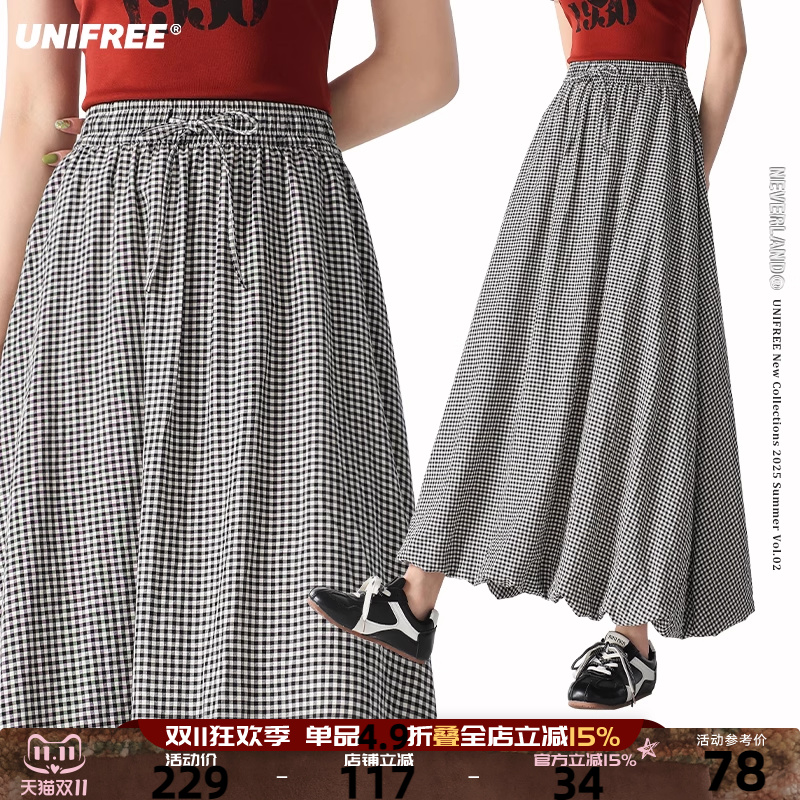 UNIFREE韩系简约半身裙时髦减龄洋气长款复古格子高腰学院风裙子
