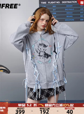 UNIFREE灰色连帽卫衣外套猫咪印花绑带设计感撞色宽松设计感帽衫
