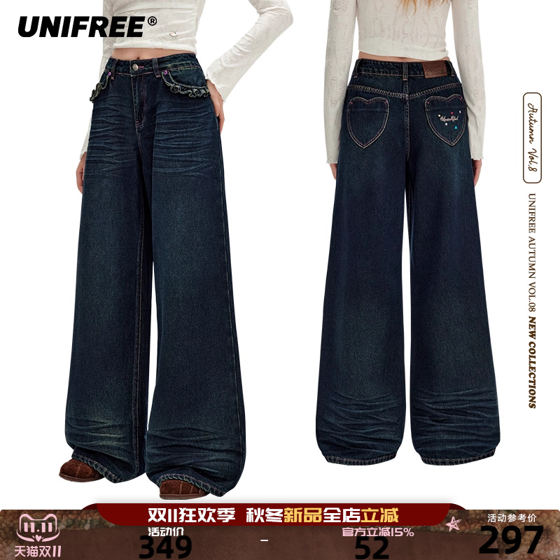 UNIFREE阔腿蓝色牛仔裤