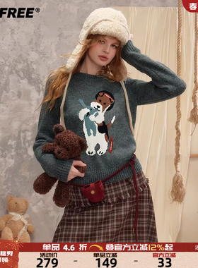 UNIFREE美式灰色圆领毛衣女复古小狗提花休闲学院风百搭时尚上衣