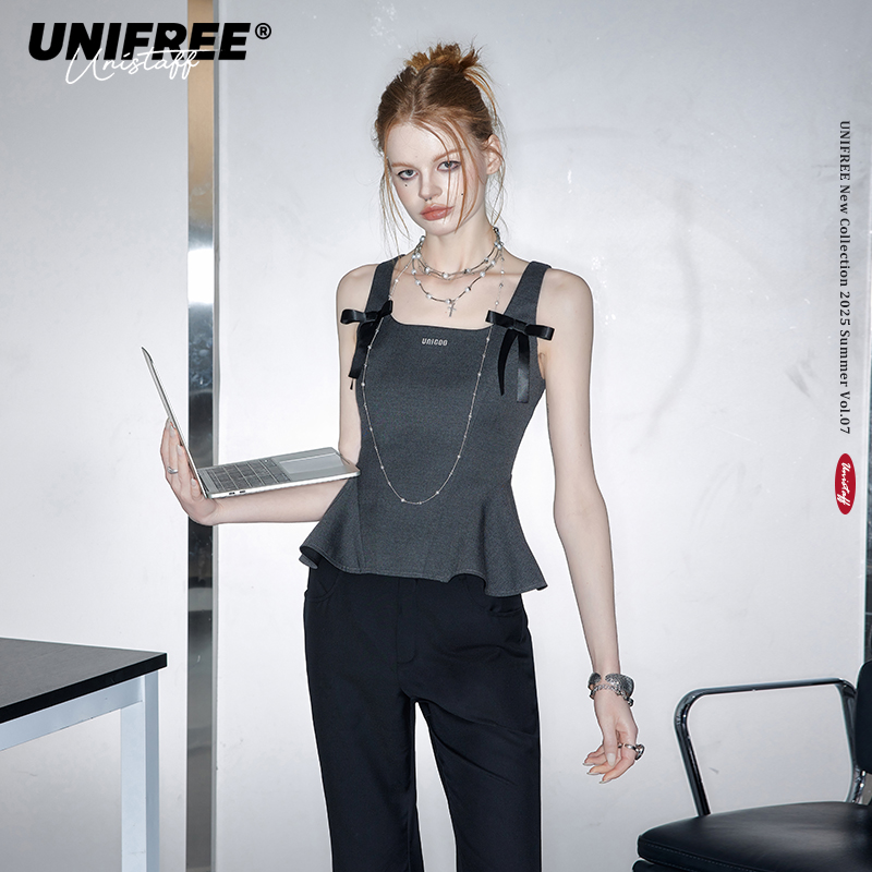 【明星同款】UNIFREE灰色衬衫女小个子蝴蝶结设计感短款吊带上衣