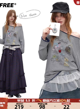 UNIFREE俏皮灰色长袖T恤女士25年秋季小个子穿搭百搭新款斜肩上衣