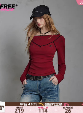 UNIFREE红色斜肩长袖T恤25年秋款假两家蕾丝拼接性感收腰辣妹上衣