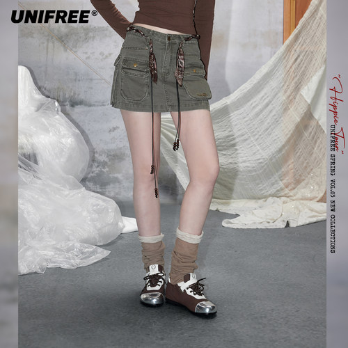【昕怡粉丝专享】UNIFREE军绿色复古包臀A字短裙U261Q039C1C1A4S7