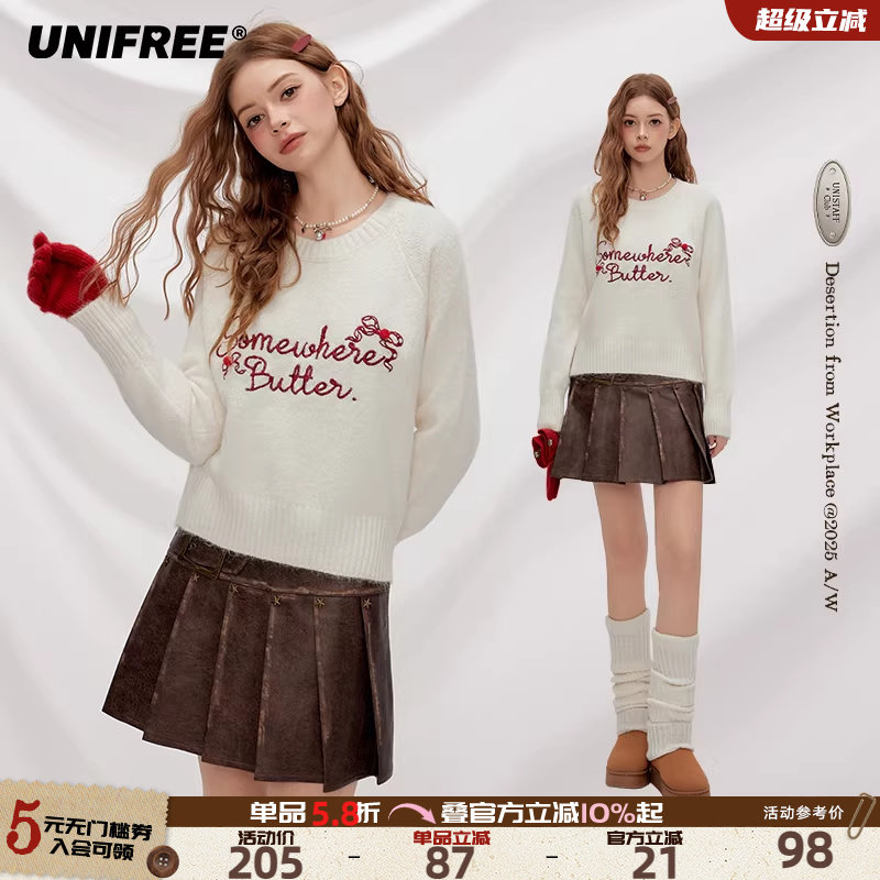 UNIFREE白色套头毛衣字母刺绣秋冬新款保暖复古撞色简约打底上衣,女装/女士精品,毛衣,淘宝优惠券,粉丝福利购,淘宝优惠卷