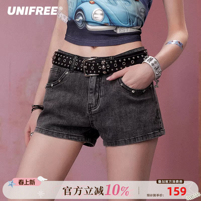 UNIFREE新款水洗牛仔短裤女黑灰色做旧复古低腰辣妹百搭显瘦热裤
