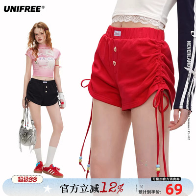 UNIFREE安可拉红休闲短裤新款设计感抽绳褶皱甜辣风百搭包臀热裤