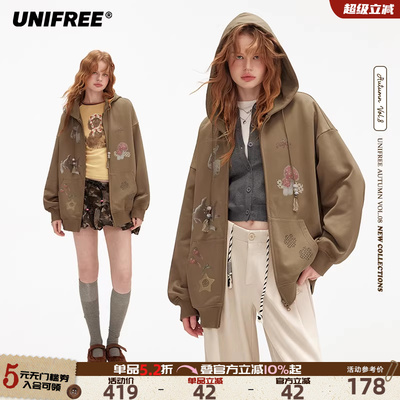 UNIFREE复古休闲印花连帽卫衣