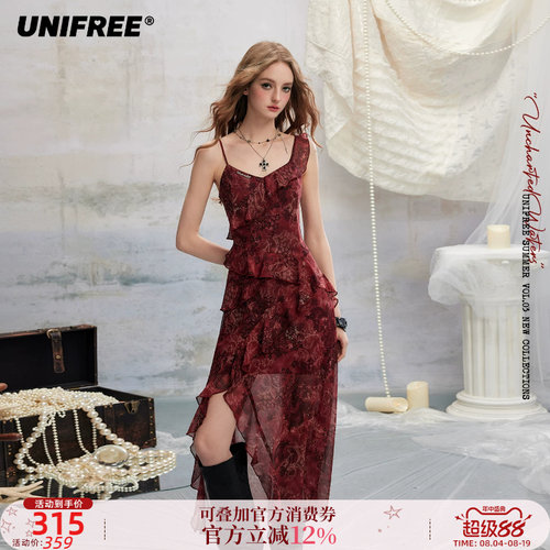 UNIFREE红色豹纹印花连衣裙