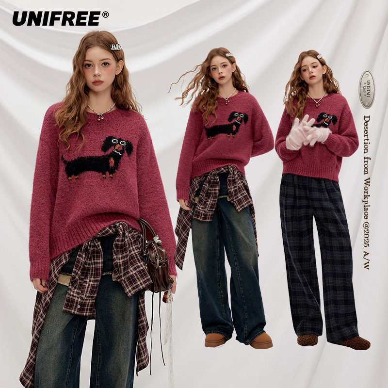 【昕怡专属】UNIFREE粉色圆领毛衣小狗印花U253K622B1B1