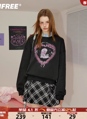 UNIFREE灰色圆领长袖卫衣女美式印花复古立体裁剪长袖慵懒风女装