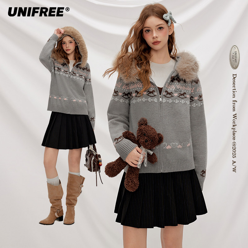 【昕怡专属】UNIFREE灰色费尔岛针织开衫U253N626B1B1