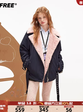 UNIFREE黑色兔耳朵毛绒外套复古美式加厚保暖连帽宽松皮上衣