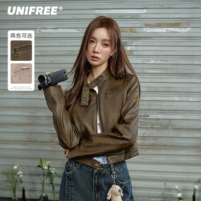 UNIFREE辣妹pu皮外套擦色做旧美式复古立领修身机车短款皮衣夹克