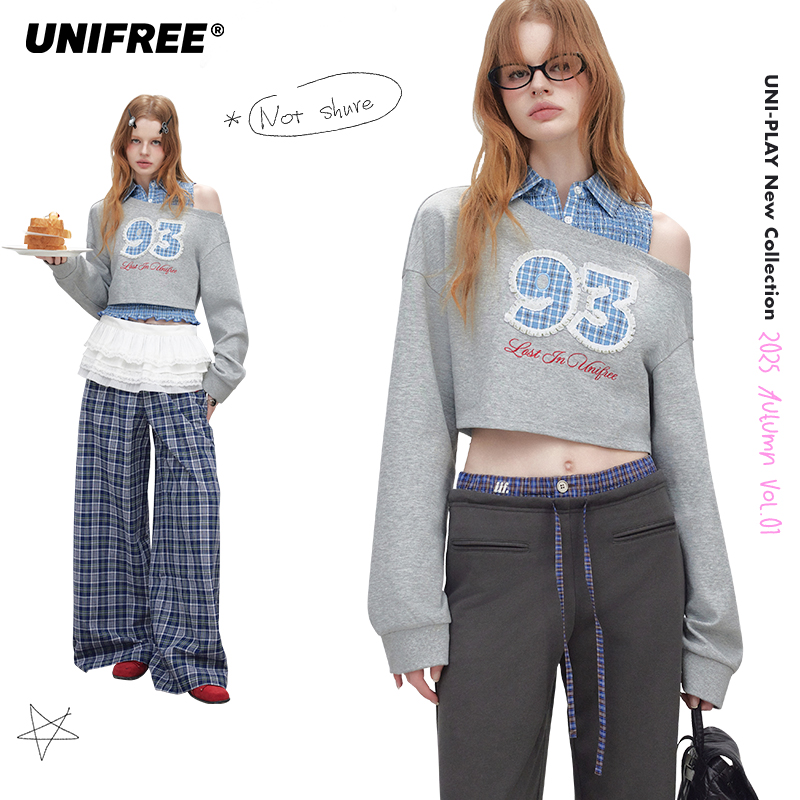 UNIFREE灰色斜肩辣妹长袖卫衣25年秋衬衫式背心叠穿撞色两件套装