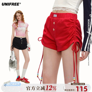 UNIFREE安可拉红休闲短裤新款设计感抽绳褶皱甜辣风百搭包臀热裤