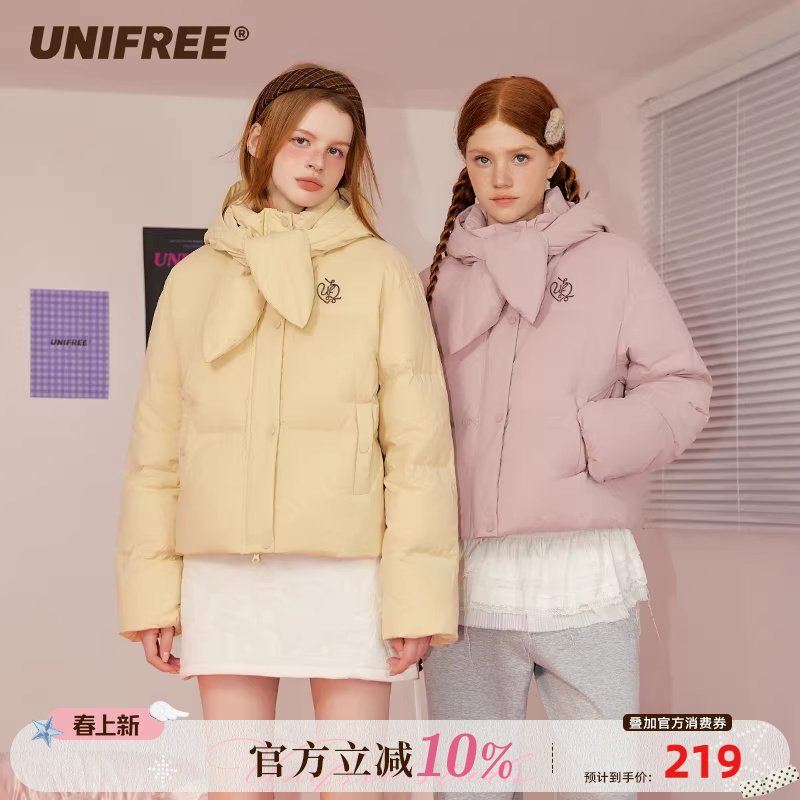 UNIFREE短款连帽羽绒服冬装新款女美式小个子加厚冬季青少年外套