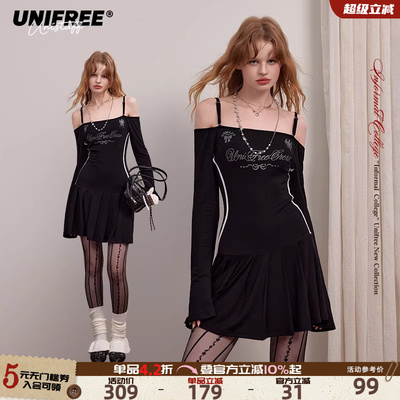 UNIFREE黑色一字肩针织长袖连衣裙收腰美式辣妹秋季时尚短款裙子