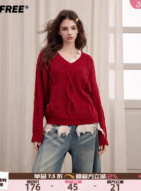 UNIFREE红色破洞设计感V领毛衣秋季新款破坏宽松本命年圣诞节上衣