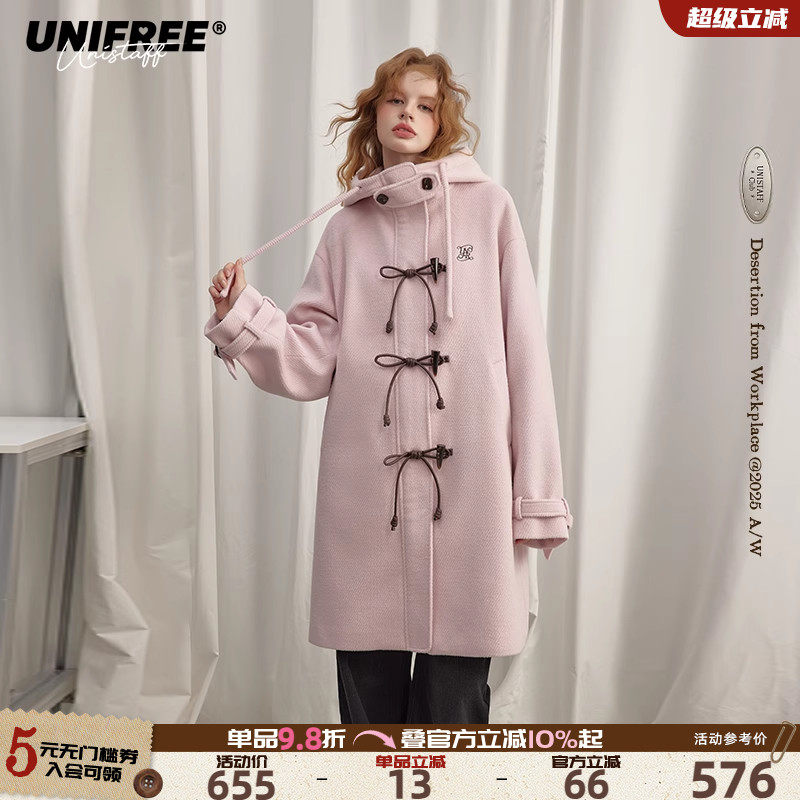 UNIFREE粉色气质呢子大衣