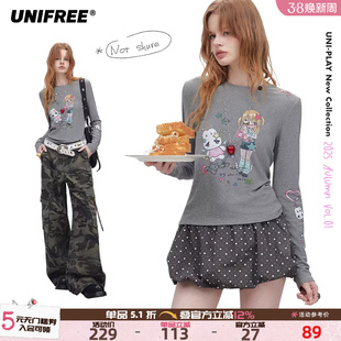 【插画师联名】UNIFREE灰色长袖T恤25年秋款可爱印花短款洋气上衣