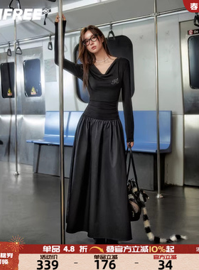 UNIFREE黑色v领长袖连衣裙堆堆领天鹅颈拼接烫钻气质宽松长款裙子