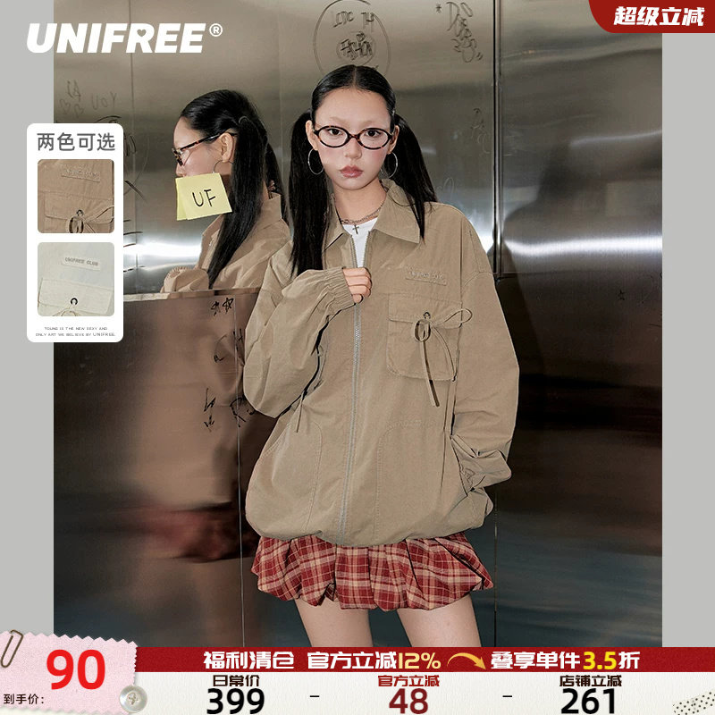 UNIFREE复古工装风外套女蝴蝶结口袋韩版时尚宽松学院风百搭夹克