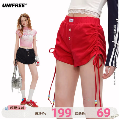 UNIFREE安可拉红休闲短裤新款设计感抽绳褶皱甜辣风百搭包臀热裤