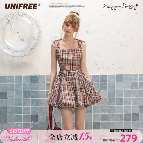 UNIFREE彩色格子复古连衣裙