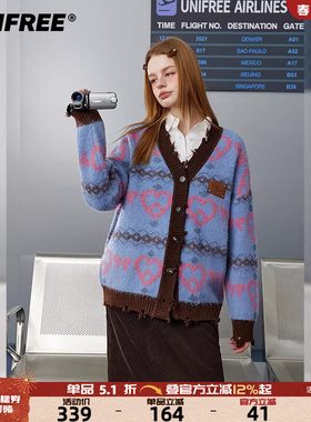 UNIFREE蓝色破洞针织衫女爱心提花撞色复古拉毛宽松秋冬毛衣外套