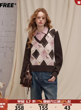 UNIFREE英伦假两件针织衫女格纹蝴蝶结小马刺绣衬衫拼接复古毛衣
