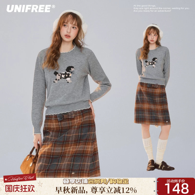 UNIFREE小狗图案花边毛衣冬季宽松蝴蝶结减龄甜美百搭针织衫上衣