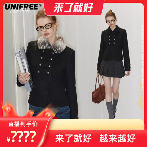 UNIFREE黑色短款毛呢外套