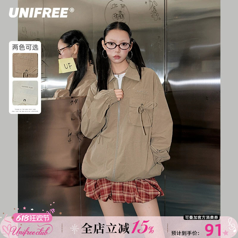 UNIFREE复古工装风外套女蝴蝶结口袋韩版时尚宽松学院风百搭夹克