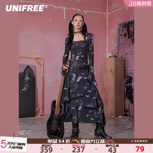 UNIFREE方领长袖连衣裙蝴蝶晕染复古收腰不规则褶皱显瘦长款裙子
