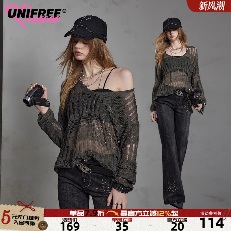 UNIFREE大V领镂空长袖针织衫25年早秋新款宽松慵懒叠穿罩衫上衣
