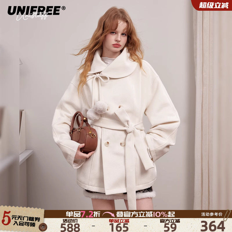 UNIFREE白色高智千金风毛呢外套