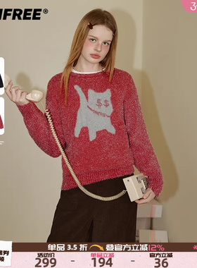UNIFREE红色厚实圆领毛衣新款小猫提花美式复古宽松保暖冬季上衣