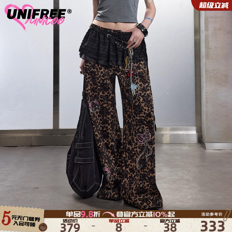 【25年夏】UNIFREE豹纹阔腿休闲裤美式复古宽松嘻哈街舞拖地长裤