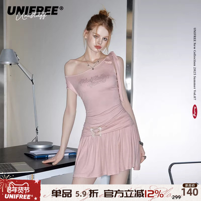 UNIFREE斜肩绑带连衣裙
