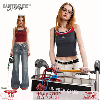 UNIFREE设计感假两件吊带背心女夏外穿美式复古刺绣修身短款上衣