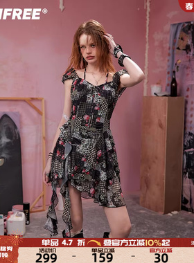 UNIFREE黑色碎花拼接网纱连衣裙女暗黑系荷叶边高级感收腰A字短裙