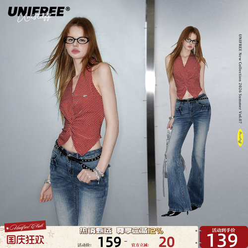 UNIFREE红色波点V领挂脖背心修身显瘦短款露脐夏季辣妹风无袖上衣