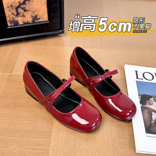 5CM内增高玛丽珍鞋2026新款一字带蝴蝶结浅口芭蕾鞋复古单鞋女夏